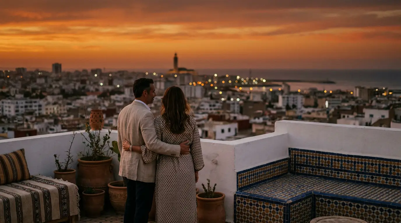 Terrasse à Casablanca au coucher du soleil, vue sur la ville depuis un appartement