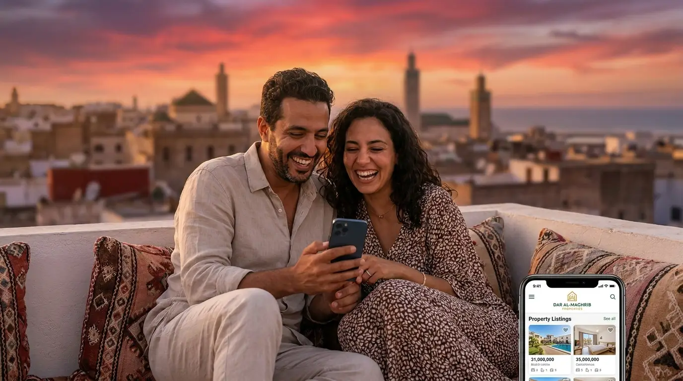 Couple de Marocains résidant à l'étranger consultant une annonce immobilière au coucher du soleil à Casablanca