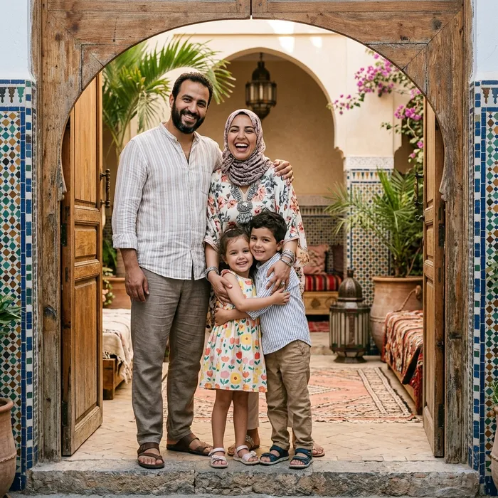 Famille marocaine devant sa maison à vendre
